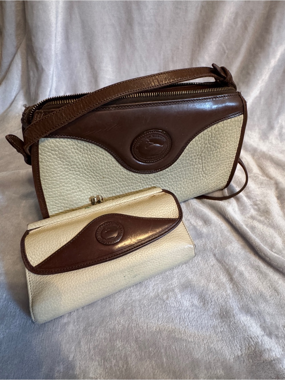 Dooney & Bourke Brown and Cream Two-Tone Crossbody with Matching Wallet